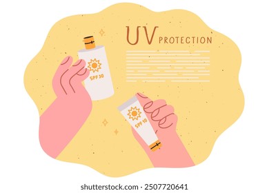 Protector solar spf30 y spf50 en manos de la persona que elige el producto para proteger contra la radiación UV. Protector solar para evitar quemaduras de sol e insolación durante los paseos de verano o vacaciones de playa en el mar