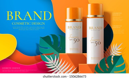 Sunscreen spray ad on orange square podium with paper art tropical leaves in 3d illustration