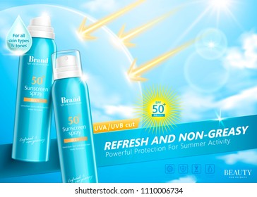 Sunscreen spray ads with effective shield which can reflect UV rays in 3d illustration