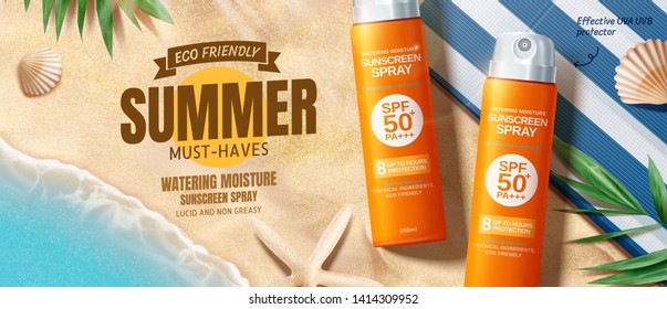 Sunscreen spray ads on beautiful beach with seashell in 3d illustration, top view