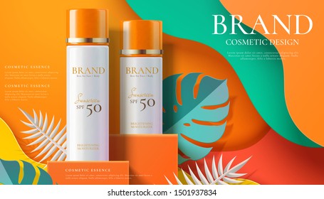 Sunscreen spray ads on orange square podium with paper art tropical leaves in 3d illustration