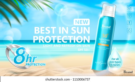 Sunscreen Spray Ads On Resort Beach In 3d Illustration, Long Lasting Protection