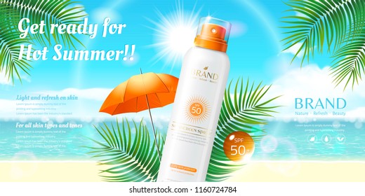 Sunscreen spray ads on resort beach background in 3d illustration, palm tree leaves element