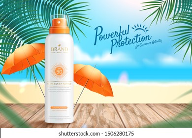 Sunscreen spray ads on wooden table and bokeh beach background in 3d illustration - Shutterstock ID 1506280175