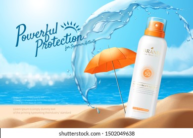 Sunscreen spray ads with water protective shield on summer beach background in 3d illustration