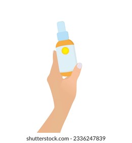 Sunscreen Spray Bottle in Female Hand, Isolated in White Background. Vector Illustration