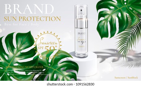 Sunscreen spray bottle on white stage with tropical leaves in 3d illustration