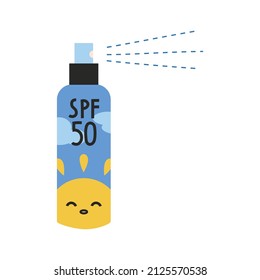 Sunscreen spray in bottle, SPF 50 in cartoon style. Protection for the skin from solar ultraviolet light. Trendy modern vector illustration isolated on white background.