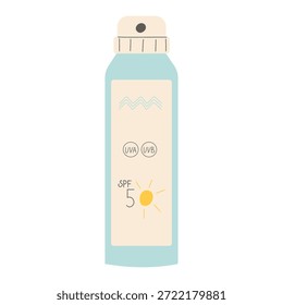 Botella de spray de protector solar con FPS 50 para el cuidado de la piel. Ilustración vectorial minimalista para el cuidado de la piel en verano, protección UV y conceptos de vacaciones en la playa