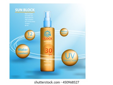 Sunscreen spray bottle with UV protection. Sun block 30 SPF UV protection solution sun care design. Expert Sunblock formula. Sun Protection. Cosmetic container. Tanning oil spray Vector illustration