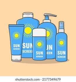 Ilustración Del Vector De Caricatura De Botellas, Crema, Loción E Ilustración De Espray De Pantalla Solar. Esquema de icono plano de producto cosmético de protección solar. Bloqueo De Sol O Cuidado De La Piel