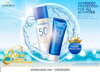 Sunscreen spray and cream set with watery slpashing liquid on glitter blue background in 3d illustration