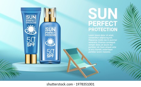 Sunscreen spray and cream set with watery slpashing liquid on light blue background in 3d illustration. Green tropical leaves. Realistic ads poster template. Cosmetic product Spf.