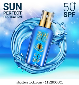 Sunscreen Spray Cream with Watery Slpashing Liquid on Glitter Blue Background in 3d Vector Illustration. Cosmetic Advertising Poster mockup design