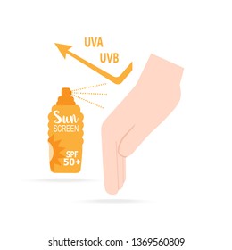 Sunscreen spray with hand icon, sunblock SPF 50+, protection skin health concept