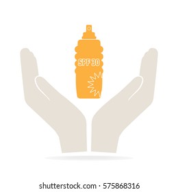 Sunscreen spray in hand icon, sunblock SPF 30, protection skin health concept