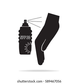 Sunscreen spray in hand icon, sunblock SPF 30, protection skin health concept