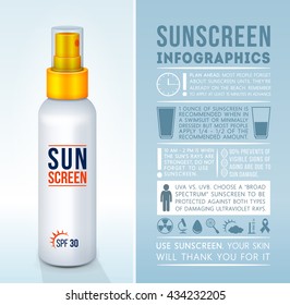 Sunscreen spray with infographics block, sunblock product. Vector illustration