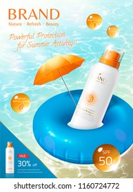 Sunscreen spray laying on life buoy and floating upon the sea in 3d illustration