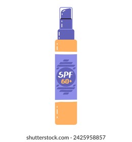 Protector solar spray loción spf 60, aislado. Producto de protección solar de la piel. Loción con SPF fuertes. Ilustración plana vectorial.