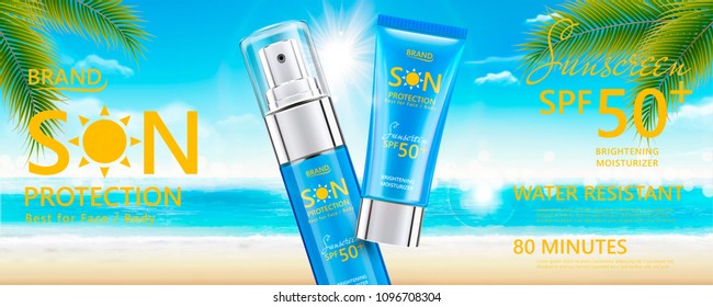 Sunscreen spray on bokeh summer beach background in 3d illustration Sunscreen spray on bokeh summer beach background in 3d illustration