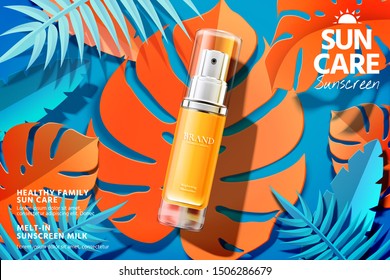 Sunscreen spray product lying on colorful paper art tropical leaves in 3d illustration, sunblock ad