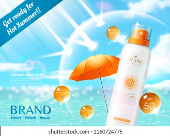 Sunscreen spray with protective shield on bokeh resort background in 3d illustration