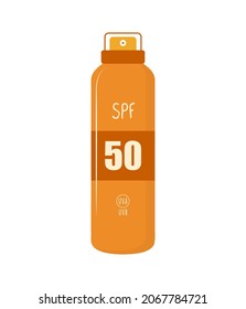Spray de pantalla solar. Loción del humedecidor de bloqueo solar. Crema corporal con SPF. Protección de la piel contra la luz solar ultravioleta. cosmética de verano dibujada a mano. Ilustración vectorial al estilo de las caricaturas planas.