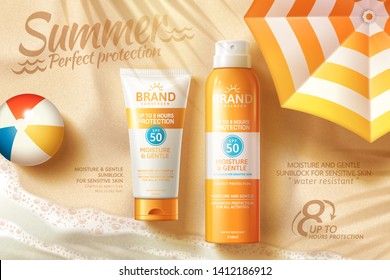 Sunscreen Spray And Tube Ads Laying On Summer Beach With Parasol In 3d Illustration