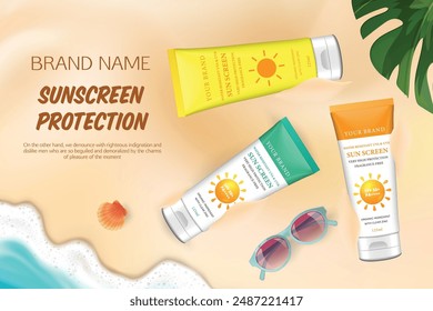 Sunscreen spray and tube ads laying on summer beach with parasol in 3d illustration