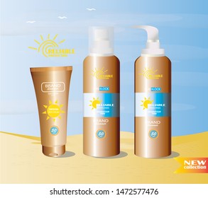 Sunscreen spray and tubes on sand against the sky in 3d.Vector illustration