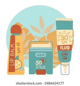sunscreen stick, lip balm, fluid. Jars in a closed tube. Cosmetics. Face and lip care products. Icon of the jar with Spf aqua cream. A vector object in a flat style. Tropical leaves. Isolated object