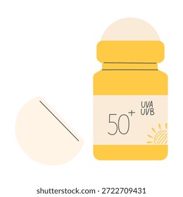 Palo de protector solar o rodillo para protección facial y corporal, SPF 50 más UVA UVB Filtrar Vector plano. Diseño plano moderno con Elementos dibujados a mano perfecto para infografías, blogs de salud y redes sociales.