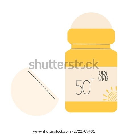 Sunscreen stick or roller for face and body protection, SPF 50 plus UVA UVB filters flat vector.Modern flat design with hand drawn elements perfect for infographics, health blogs and social media.