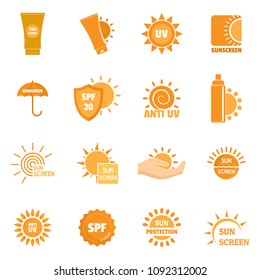 Sunscreen Sun Protection Logo Icons Set. Flat Illustration Of 16 Sunscreen Sun Protection Logo Vector Icons For Web