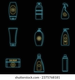 Sunscreen sun protection logo icons set. Outline illustration of 9 sunscreen sun protection logo vector icons neon color on black