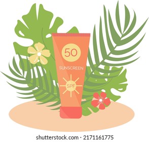 Protector solar, protección solar en la playa, plano. Concepto de vacaciones de verano. Ilustración del vector