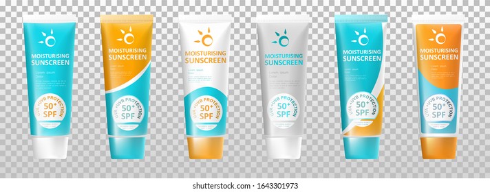 Sunscreen Sun vector tube set isolated on transparent background. Seashell, sunblock, moisturising, moisturizing cream. Can be used on banners, flyers or web. Vector illustration eps 10.