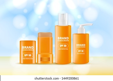 Sunscreen and sunblock cream, spray and stick. Vector realistic 3d illustration of sun protection cosmetics. Cosmetic packaging mockup design template. Summer scincare beauty product.