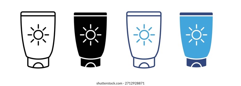 Protector solar, bloqueador solar, loción, conjunto de iconos de crema. Icono de protección UV. Símbolo de cuidado de la piel. Ilustración vectorial 