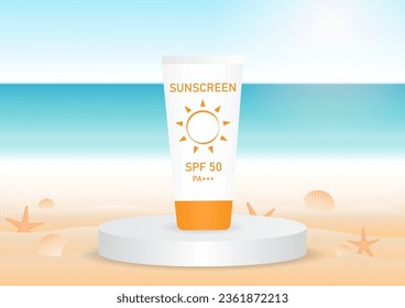 Sunscreen or Sunblock on Podium with Summer Beach Background. Product Display Podium on the Beach. Summer Background. Vector Illustration.