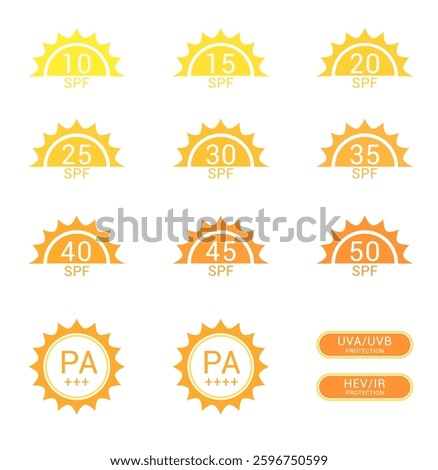 sunscreen sunblock SPF badge label logo tag stamp icon icons icon set sign symbol orange color gradient of cosmetic skincare beauty product healthcare medical UV light protection 