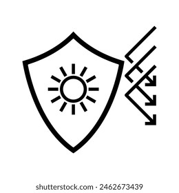 Sunscreen, sunblock, SPF symbol, shield with the sun reflecting the light arrow icon vector