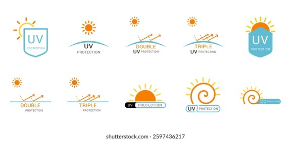sunscreen sunblock SPF UV light protection badge logo label stamp tag icon icons icon set sign symbol orange blue of cosmetic skincare beauty product healthcare 