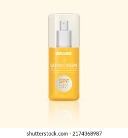 Sunscreen and sunblock spray. Realistic 3d sun protection cosmetics. Summer skincare beauty product. Cosmetic packaging mockup design template. Vector illustration