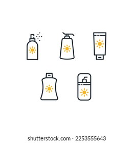 Sunscreen, sunblock, sunbath, sun protection icon set collection line vector illustration
