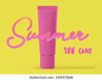 Sunscreen (sunblock) or suntan lotion tube mock-up in millenial pink and gen z yellow trendy colors. Realistic vector illustration for your product design. Vaporwave kawaii neon style.