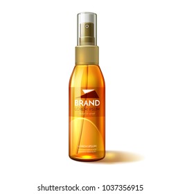 Sunscreen, sunblock ultraviolet protection waterproof skincare cosmetic ads template. Vector plastic lotion bottle spray container mockup with brand advertising design layout. product packaging