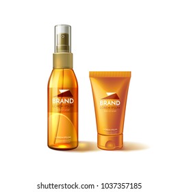 Sunscreen, sunblock ultraviolet protection waterproof skincare cosmetic ads template. Vector plastic lotion bottle spray tube container mockup brand advertising design layout. product packaging