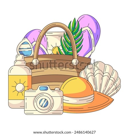 Sunscreen, sunglasses, flip flops in bag, camera, hat and seashell. Composition with summer vacation elements and holiday accessories.  Flat vector illustration for sticker, scrapbook, social media